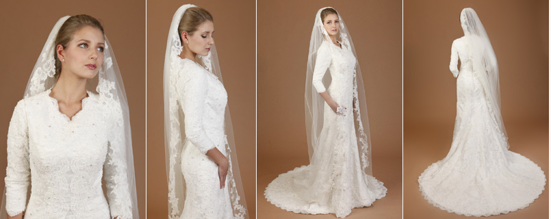 Style 102 - Sparkling, beaded elegance on fine lace, appliqud over lace net, satin underneath, reminiscent of the finery of Spanish princesses, 3/4 sleeves lined with comfortable stretch fabric, 3/8 inch covered buttons travel down the length of the zipper, medium train, trimmed with intricate, scalloped lace
