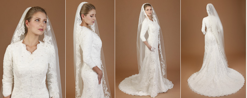 Style 102 - Sparkling, beaded elegance on fine lace, appliqud over lace net, satin underneath, reminiscent of the finery of Spanish princesses, 3/4 sleeves lined with comfortable stretch fabric, 3/8 inch covered buttons travel down the length of the zipper, medium train, trimmed with intricate, scalloped lace